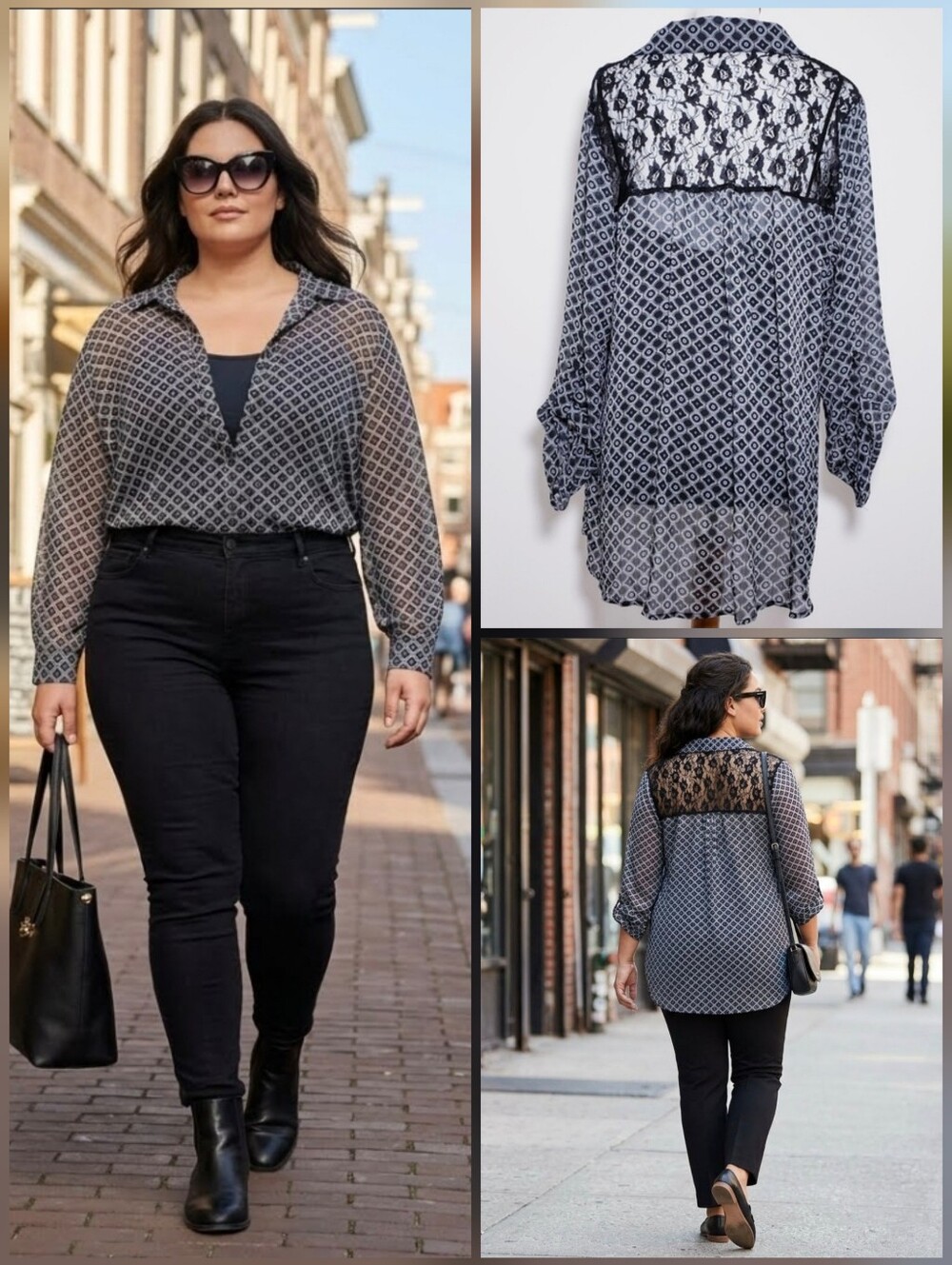 ❤️Zac & Rachel Woman black/gray/silver Geometric print button-up top 🤍size 2X